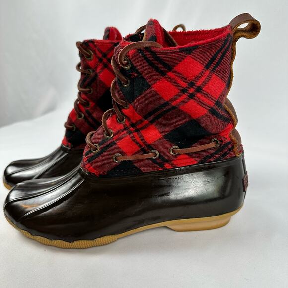 Sperry Top Sider Red and Black Buffalo Plaid Rubber Duck Boots Womens Size 7 - Picture 6 of 13